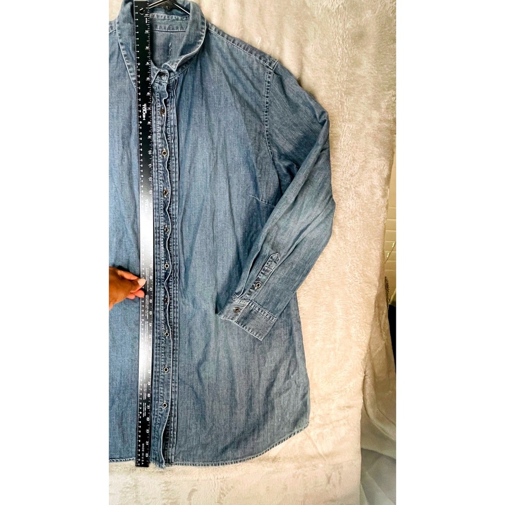 Denim Tunic Shirt Dress Blue Long Sleeve Button Up Pintuck Pleat Cotton 35" L - Picture 6 of 11